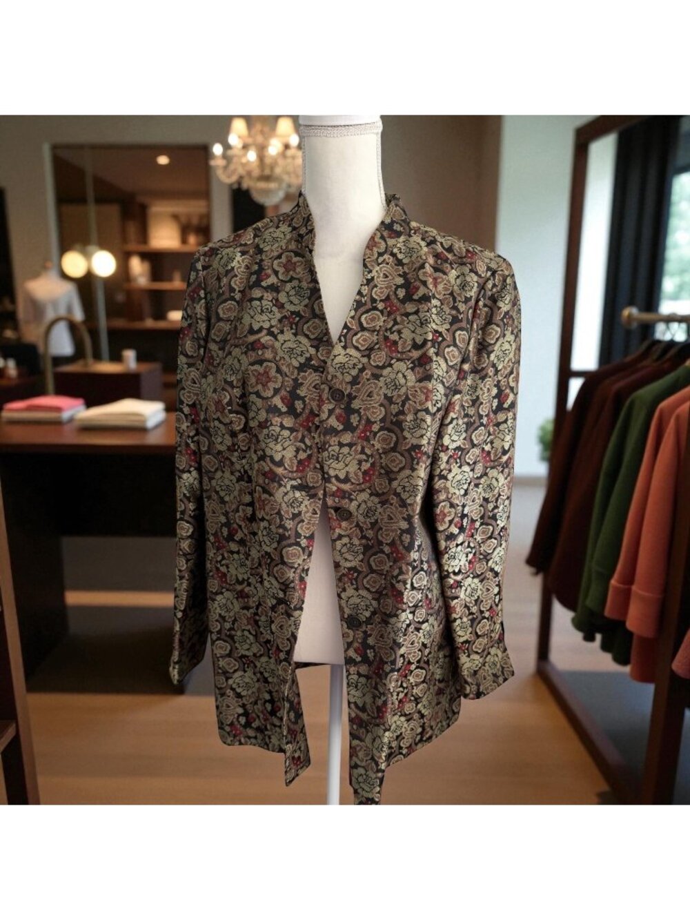 AMBER SUN Multicolor Brocade Rose Print Blazer Jacket Size Large